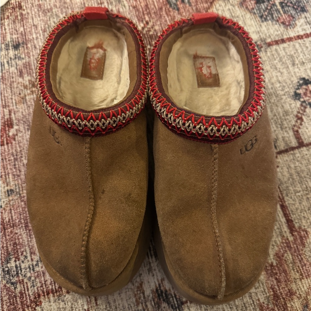 UGG platform Brown Suede Slippers with Red Trim
